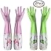 Cotton-Lined Plastic Rubber Gloves - Reusable Extra Long Glove for Dishwashing Dish Cleaning Wash Dishes - 2-Pairs - Pink and Green
