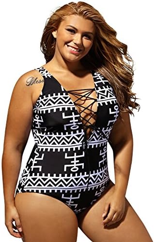 Anloli Geometry Plus Size Monokini Swimsuit for Women Sexy Lace up Deep V Neck Padded One Piece Swimwear 3XL