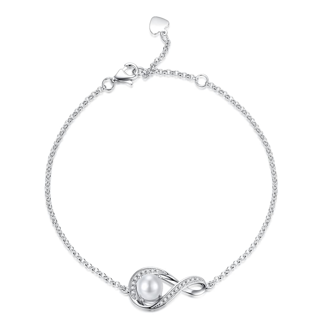 GEMLANTO 925 Sterling Silver Bracelet Infinity Created Pearl June Birthstone Link Bracelets for Women Daughter Danity Birthday Anniversary Jewellery Gifts for Her Mum, Adjustable Chain 17+1.5+1.5CM