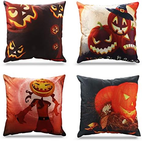 WEYON Happy Halloween Decorations Pumpkin Theme Throw Pillow Covers 18 x 18 Inch Sofa Home Decorative Cotton Linen Cushion Covers Set of 4