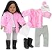 Sophia's Pink Shaggy Fur Coat, Pom-Pom Winter Hat, Glitter Leggings and Black Fur Trimmed Boots for 18