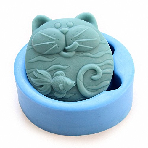 Cat and Goldfish Soap Mold - MoldFun Cute Cat and Fish Art Craft Silicone Mold for Handmade Soap, Lotion Bar, Bath Bomb, Plaster of Paris (Random Color)