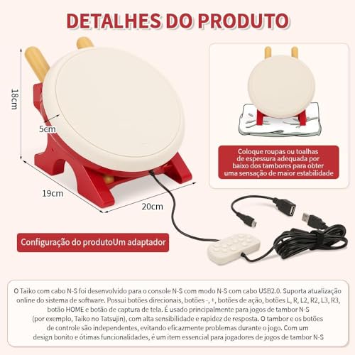 Controle de Tambor Taiko, Taiko para Switch, Taiko para no Tatsujin, Controlador de Tambor Taiko para Nintendo Switch com Baquetas, Compatível com o Sistema de Atualização Online