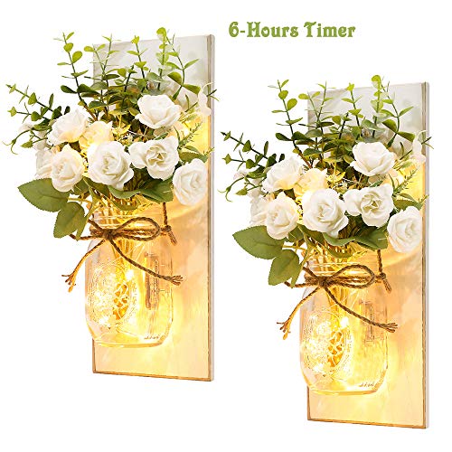 Rustic Wall Sconces Mason Jar Lights Handmade Wall Art Hanging Design with Remote Timer LED Fairy Lights and White Rose, Farmhouse Kitchen Decorations Wall Decor Living Room Sconces (Set of Two) - Thumbnail 7