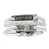 HITOP Jewelry Mens Womens Leather Bracelet, Vintage Best Friend Love Heart Charm Bangle, White Silver