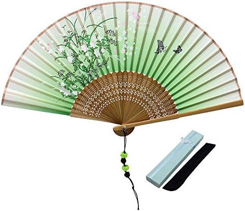 JSSWB Green Handmade Silk Bamboo Hand Fan with Blomming Flowers Painting