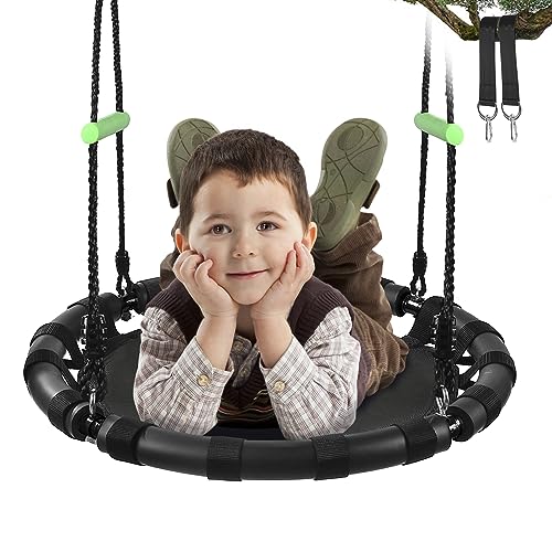 Photo 1 of ZBZBML Hanging Tree Swing with Detachable Frame,PP Mat,Adjustable Multi-Strand Ropes,Safe and Durable Saucer Swing for Yard Garden Playground Park (24 inch Diameter, Black with 2X5ft Extra Straps)