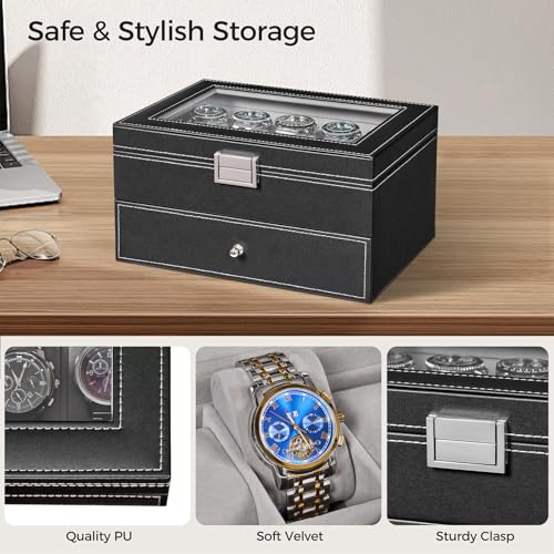BEWISHOME Watch Case, 20-Slot Watch Box Organizer for Men Watch Case with Large Glass Lid Watch Travel Case Removable Watch Pillows, Mens Jewelry Box Watch Display Case, Watch Storage, Black SSH04B