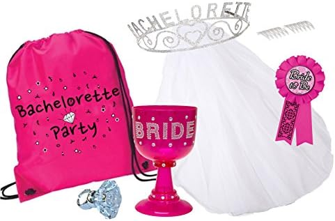 Bachelorette Party Kit in a Bag - 6 piece (Tiara, Veil, Novelty Light-Up Ring, Bride-to-Be Ribbon, Plastic Bride Goblet, Bag)