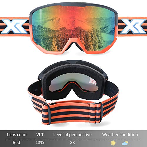 XR Ski Snowboard Goggles Anti-Fog UV Protection HD Cylinder Lens Over Glasses Non-Slip Strip Snow Goggles for Men&Women (Red) - Thumbnail 2
