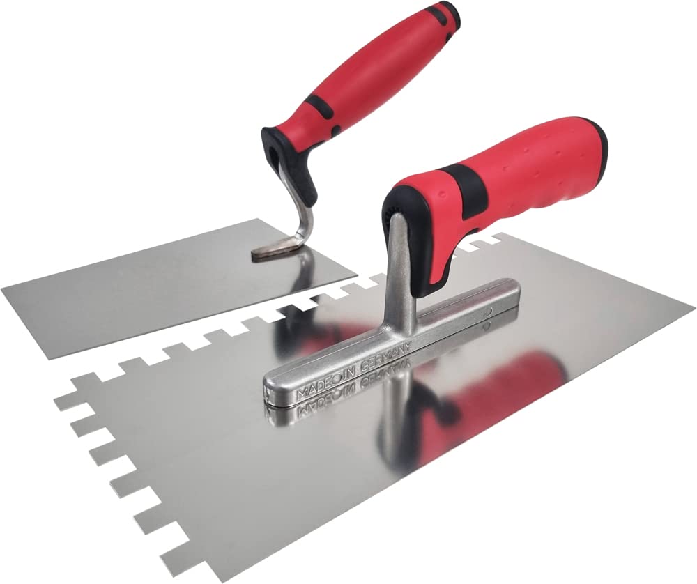 Maurerfreund, Tiling Set 2-Piece with Smoothing Trowel Rust-Proof Teeth 12 x 12 mm and Stainless Steel Trowel Rust-Proof Made in Germany