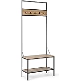 �鶹�� Basics Entry Bench with Hooks, Hall Tree with Shoe Storage Bench, Steel Frame, Oak Finish