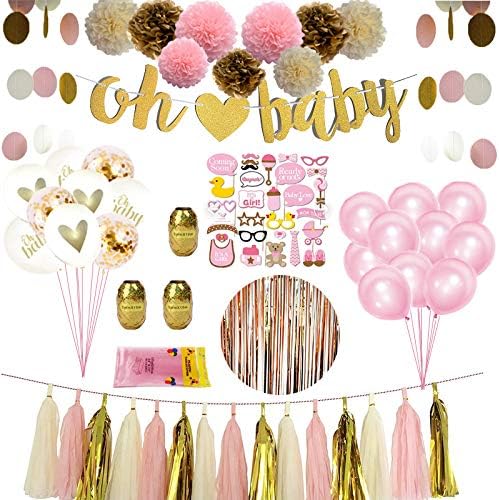 Baby Shower Party Pack. Pink Gold and Cream Pom Poms, Confetti, Balloons and a Photo Booth Setup with Props and Backdrop.