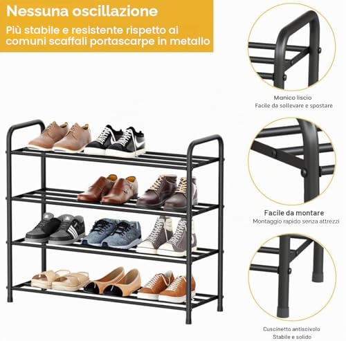 FANHAO Enhanced 4 Tier Stainless Steel Shoe Rack, Shoe Rack Organizer for 12-16 Pairs of Shoes, for Living Room, Wardrobe, Hallway, 68 x 26 x 65 cm (Matt Black)