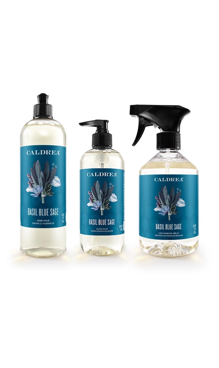 Caldrea Kitchen Set, Basil Blue Sage, 3 ct: Dish Soap (16 fl oz), Hand Soap (10.8 fl oz), Countertop Spray (16 fl oz)
