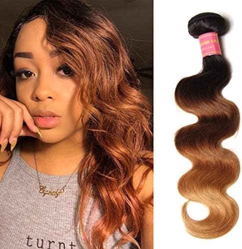 Longqi Hair Ombre Hair Bundles Brazilian Body Wave T1B/4/27 3 Tone Remy Human Hair Weft 16-26 Inch Honey Blonde Color (18inch, Hair Bundle)