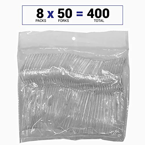 400 clear plastic forks bulk, Heavy duty clear plastic forks, clear disposable forks, clear forks 8 packs of 50 retail packaged.