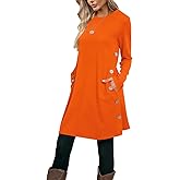 Poetsky Womens Tunic or Tops to Wear with Leggings Long Sleeve Side Buttons Swing Casual Long Shirts with Pockets S-3XL