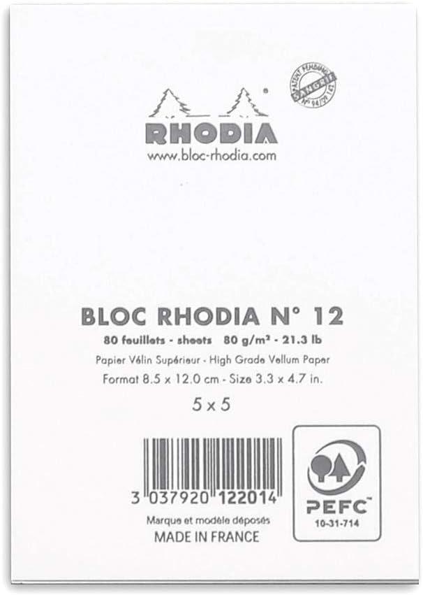 RHODIA 12201C, Stapled Notepad N°12 White, 8.5x12 cm, Small Squares, 80 Detachable Sheets, White Clairefontaine Paper 80 g/m - Image 4