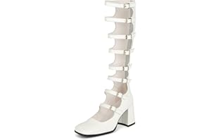 SHEMEE Women's Gothic Lolita Boots Knee High Chunky Block Heels Mary Janes Square Toe Y2K Buckles Strap Combat Moto Boots Back Zip Open Front Punk Cosplay Shoes