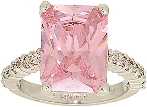 Large Emerald Cut Pink Cubic Zirconia Solitaire Ring with Tiny Side Stones Size 5