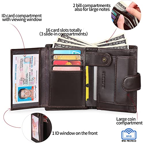 SENDEFN Men's Leather Wallet, RFID Blocking Wallet, Men's Vertical Wallet with 19 Card Slots, 3 Bill Slots, 1 Coin Pocket with Button