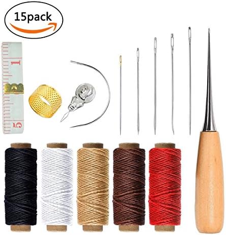 Leather Craft Kits FATPET 15 Pieces Leather Sewing Tools with 5 Pieces Flat Wax Rope,7 Pieces Needle, Stitching Awl,Sewing Thimble for Leather Upholstery Carpet DIY Sewing