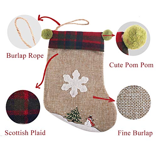 PartyBus 8 Inch Mini Christmas Stockings 12 Pack, Small Rustic Burlap Plaid Green Ears Xmas Tree Decorations, Gift Card Holders Cash Bags Holiday Treats for Family Coworkers Neighbors Kids Dogs Cats