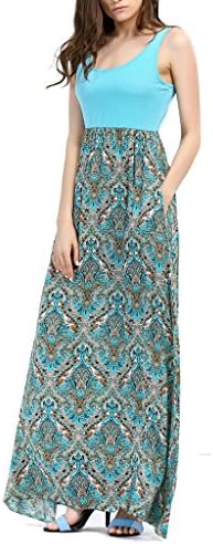 AEETE Womens Summer Contrast Sleeveless Tank Top Floral Print Maxi Dress Blue XXL