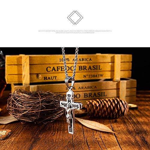 Wowsweet 14K Gold Plated Catholic Jesus Stainless Steel Cable Chain Necklaces Crucifix Cross Pendant for Men Women (Silver A)
