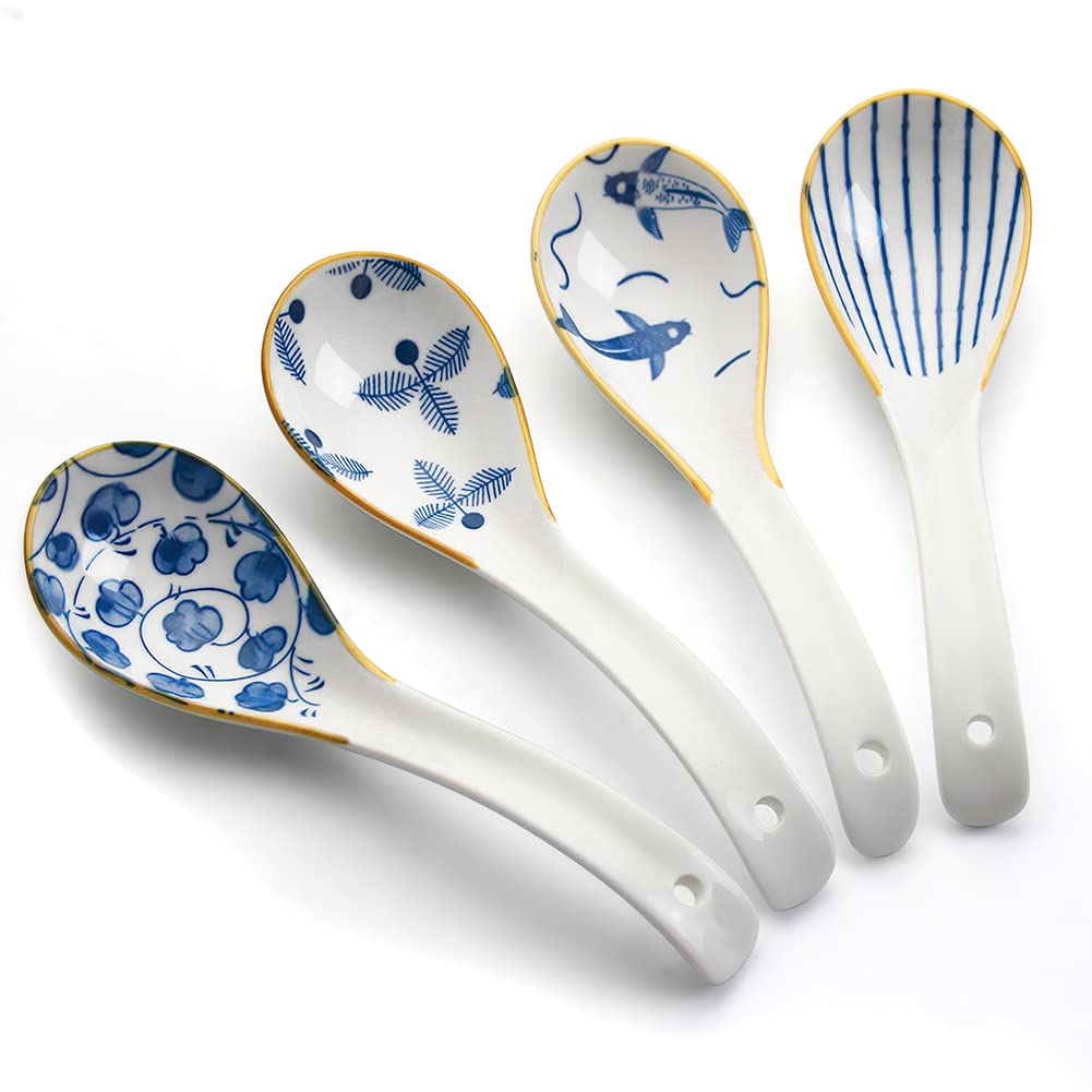 YFWOOD Chinese Soup Spoons, 6.2 Inch Ceramic Ramen Spoons, Japanese Retro Style Soup Spoons Creative Porcelain Asian Soup Spoons for Ramen Pho Cereal, Wonton Dumpling Miso, Set of 4(Pattern), Gold — image 1