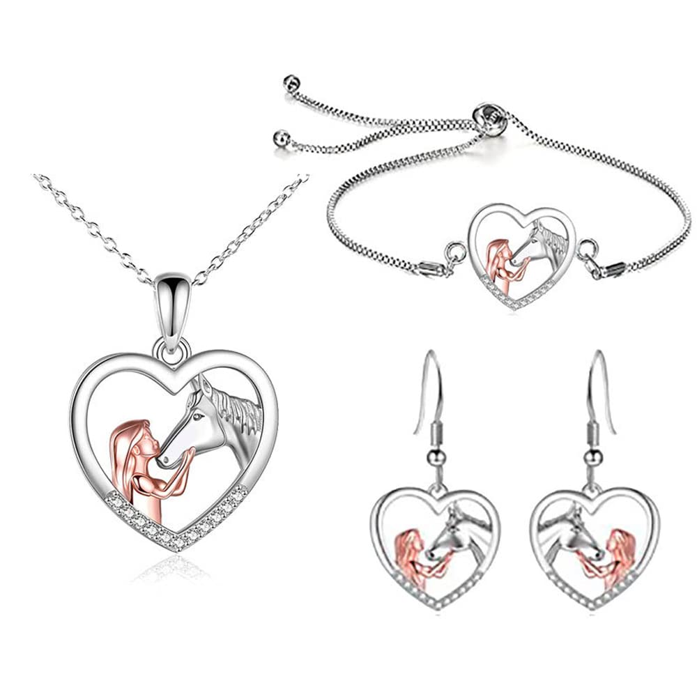 TOFBS Girl and Horse Necklace Earrings and Bracelet Jewellery Set Silver Love Heart Pendant Necklace Gifts for Girls Women Girlfriend Wife Mom Daughter Horse Lover