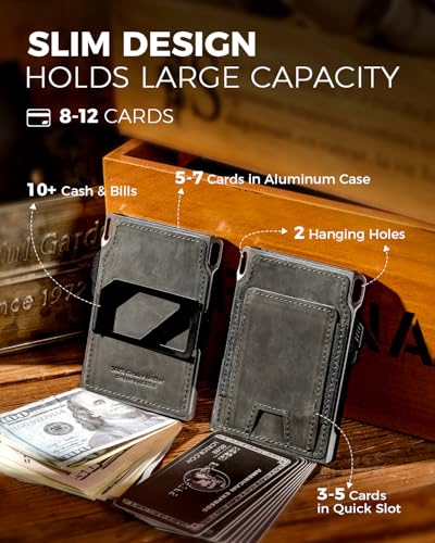 LORZOR Slim RFID Blocking Tactical Wallet for Men, Full Grain Leather with Aerospace Aluminum, Front Pocket Wallet, Smart Pop Up Card Case, Money Clip, 8-12 Cards (Military Green)