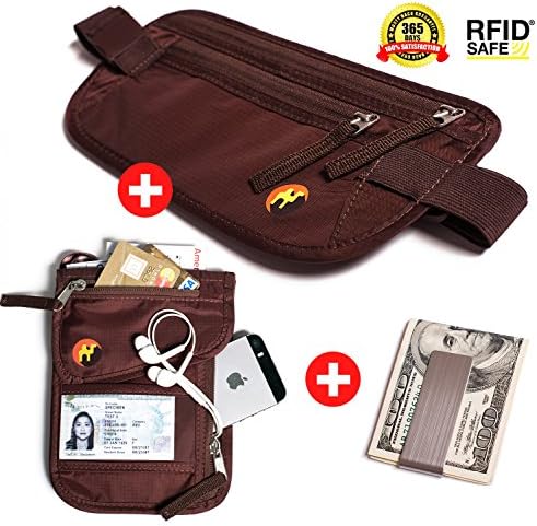 Best Value Pack 3 in 1 - RFID Money Belt for Travel & RFID Neck Pouch with Bonus Premium Stainless Steel Money Clip. Ultimate Travel Gift for Men & Women