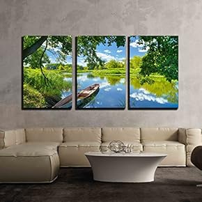 3 Piece Canvas Wall Art - Spring Summer Landscape Blue Sky Clouds - Modern Home Art Stretched and Framed Ready to Hang - 16"x24"x3 Panels