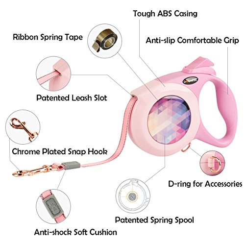 DOGNESS Retractable Dog Leash, The Elegance Series, One Button Brake & Lock Anti-Slip Handle, Strong Nylon Ribbon Tape, 13 ft Long Small Medium Dogs, Pink