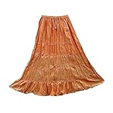Womens Long Skirt Orange Crinkle Flare Tiered Boho Gypsy Retro Skirts
