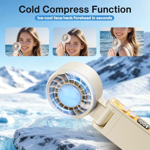 Lomffy Ventilador Portátil de Mano con Enfriador de Hielo, 6 en 1 Ventilador de Mano Turbo con clip y pantalla LED 360° 180° Giratorio Alta velocidad Ventilador Turbo Recargable Velocidad de 1 a 100