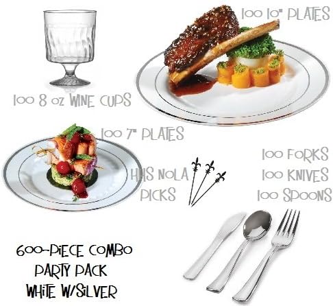 Party Combo Pack-600 Pieces, Premium Plastic White/Silver China 7" and 10" Plates, Silver Plastic Cutlery and 8 oz. Disposable Wine Glasses w/Bonus NOLA Picks - SERVES 100