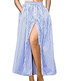 Lalagen Women's Striped Front Slit Ankle Length Button Front High Waist Maxi Skirt Blue M