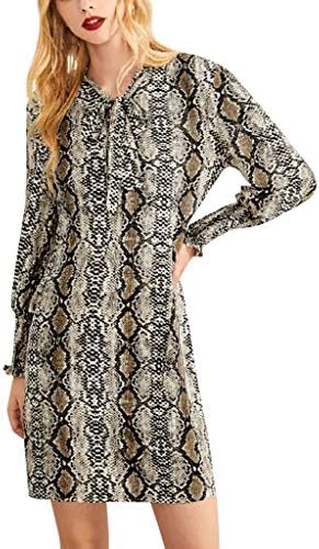 NEEKEY Womens Dress Women's Fashion Lace Long Sleeve Causal dSerpentine Print Dress