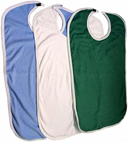 Terry Cloth Adult Reusable Bibs with Velcro Closure Pack of 3 Green, Blue, White