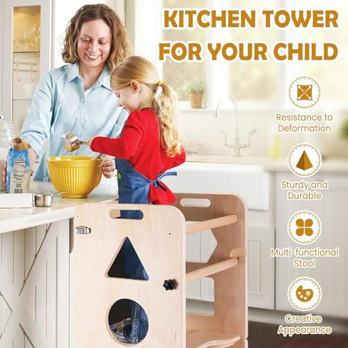Toddler Kitchen Step Stool, Foldable Kid Learning Standing Tower with Blackboard, 4-in-1 Wooden Stool Helper for Kids, Natural 43 * 32 * 88Cm