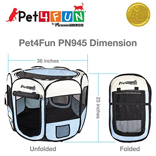 PicassoTiles PET4FUN PN935/PN945 Portable Pet Puppy Dog Cat Playpen Crates Kennel w/Water Resistant 600D Oxford, 210D Nylon, Carrying Bag, Collapsible Bowl, Removable Mesh Cover 2 Sizes