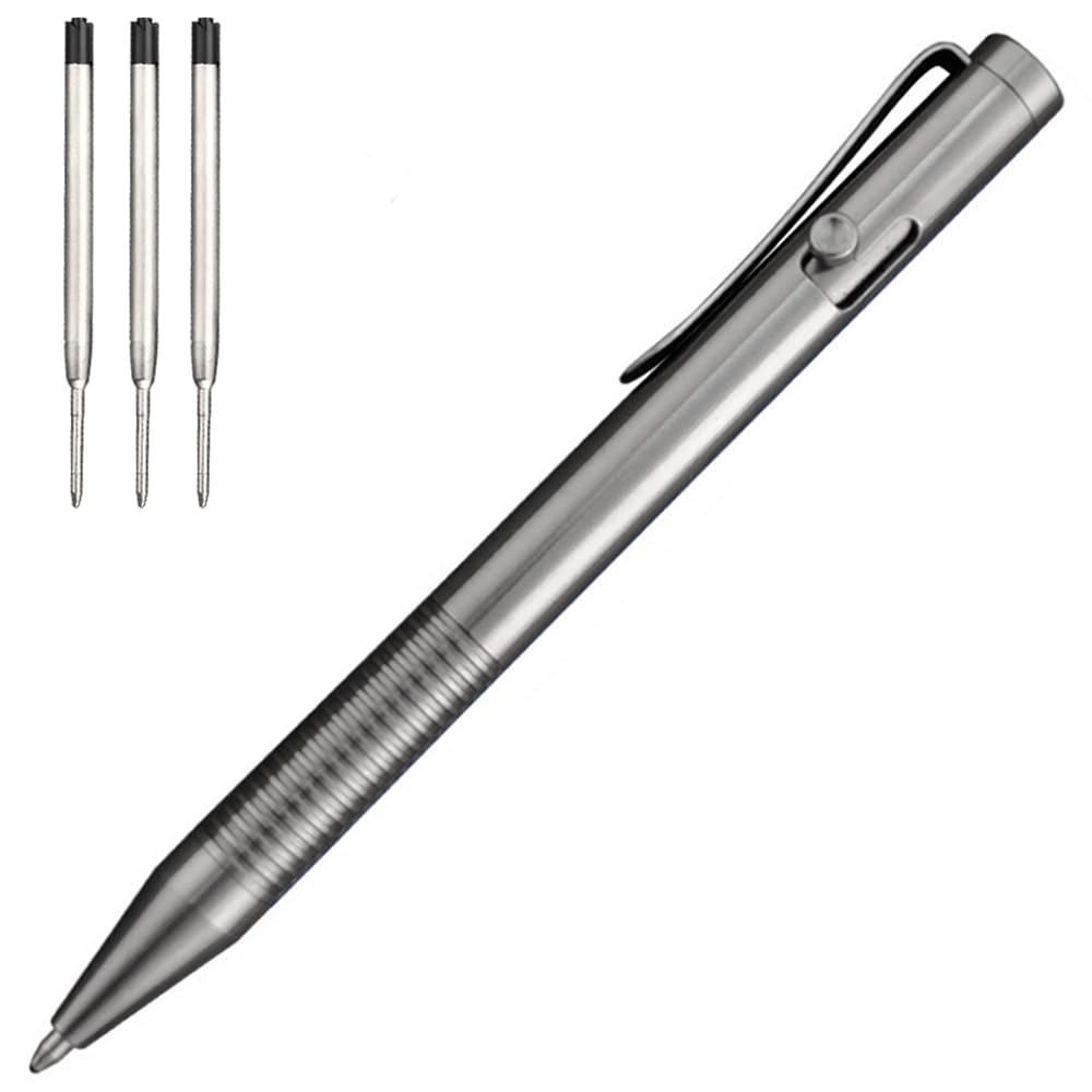 Photo 1 of Cool Hand 4.8'' Titanium Alloy Bolt Action Pen, Ballpoint Ink Refillable, Stainless Steel Pocket Clip EDC Business Collection Stylus, with 3 Free Refills, Silver