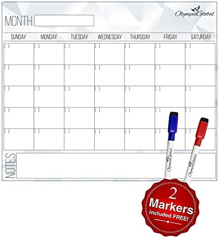 Olympia Global Monthly Planner Dry Erase Magnetic Calendar for Refrigerator | For Kids, To-Do Lists | Fits Any Fridge 16x11 Inches, Bonus Gift 2 Markers (Red &amp; Blue)- Never Forget A Thing!
