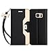 FYY Leather Case with Mirror for Galaxy S7 Edge, Leather Wallet Flip Folio Case with Mirror and Wrist Strap for Galaxy S7 Edge Black