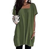 Poetsky 2026 Summer Tunic or Tops for Women to Wear with Leggings Square Neck Casual Long T Shirts with Pockets S-3XL