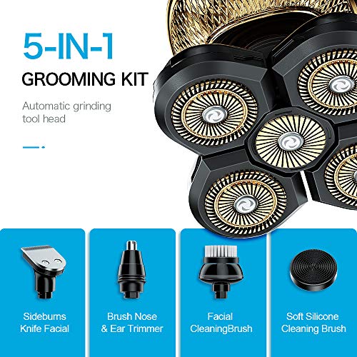 Flowind Electric Razor for Men Bald Head Shavers 5 in 1 Grooming Kit Cordless Rechargeable Beard Trimmer Nose Hair Clippers Shaving Kit Waterproof Rotary Shaver LED Display