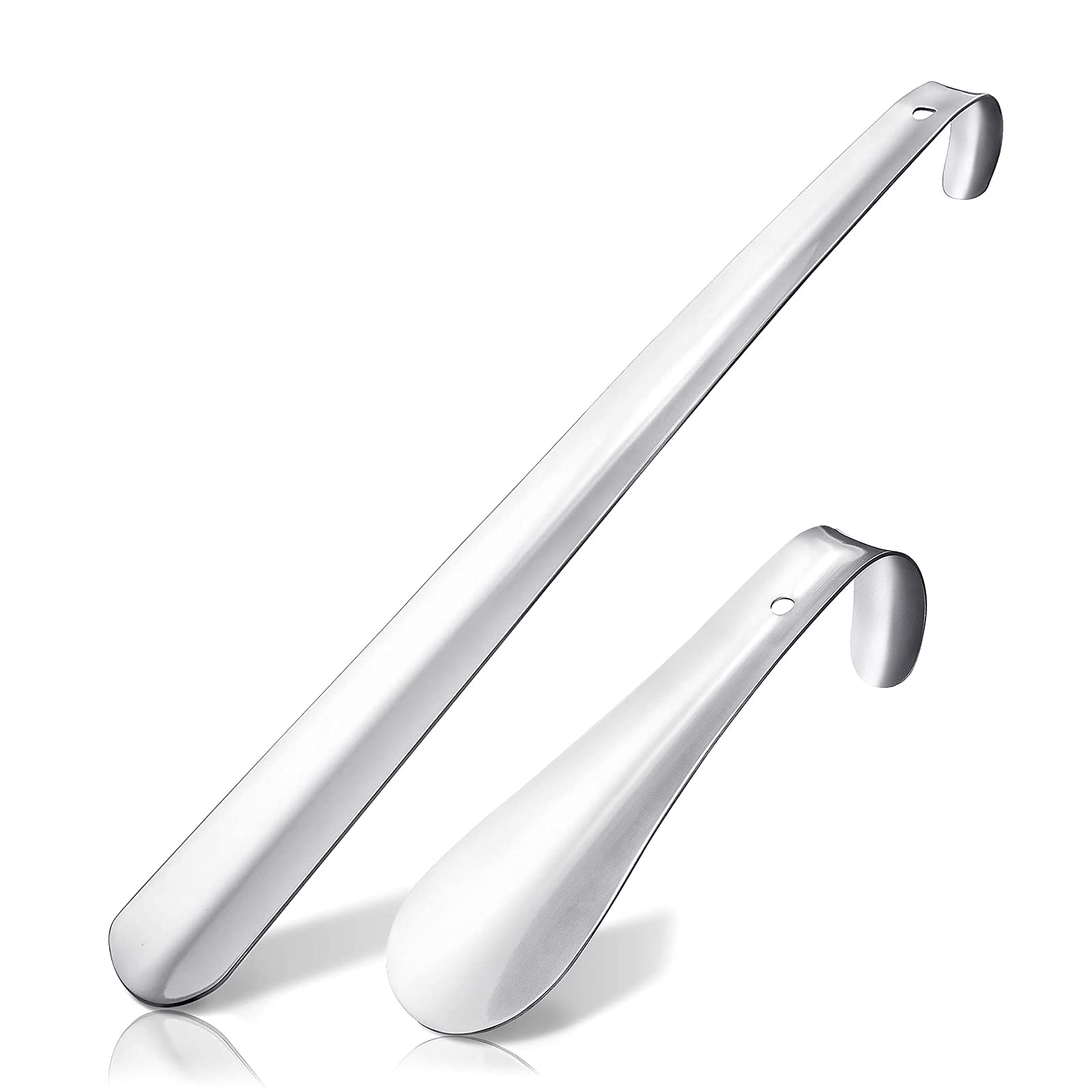 FAIHTS Stainless Steel Shoe Horn, Long Metal Shoe Horn Pack of 2 Shoe Horn - 42 & 15 cm, Long Stainless Steel, Very Sturdy Design Ideal for Travel - Men, Women, Children, Seniors (Hook Handle)